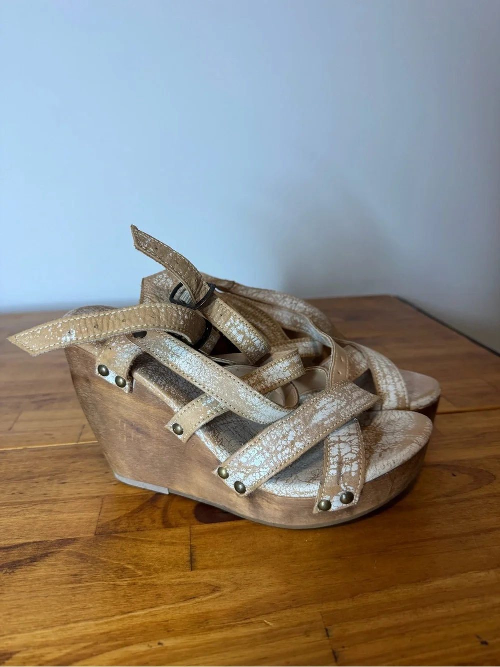 Bed Stu Juliana II Wedge Heel Strappy Sandals Distressed Leather Size 8